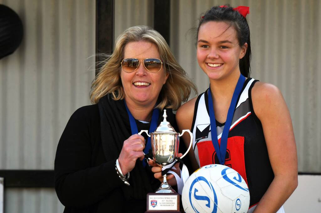 PREMIERS: North Ballarat City coach Prue Douglass and captain Zara Nevett with the premiership cup and match ball after winning the grand final. Picture: Kate Healy 