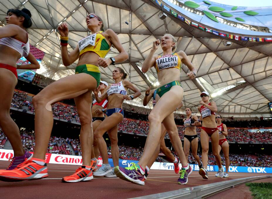 ON THE RISE: Rachel Tallent competes in the women's 20km race walk final during the World Athletics Championships in Beijing in 2015. Picture: Patrick Smith/Getty Images