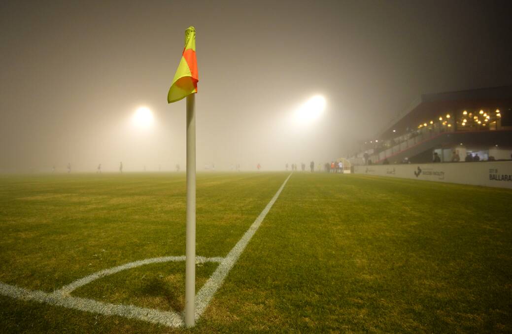 Fog covers the pitch at half time during the match between Ballarat City and Northcote City at Morshead Park. Picture: Dylan Burns 