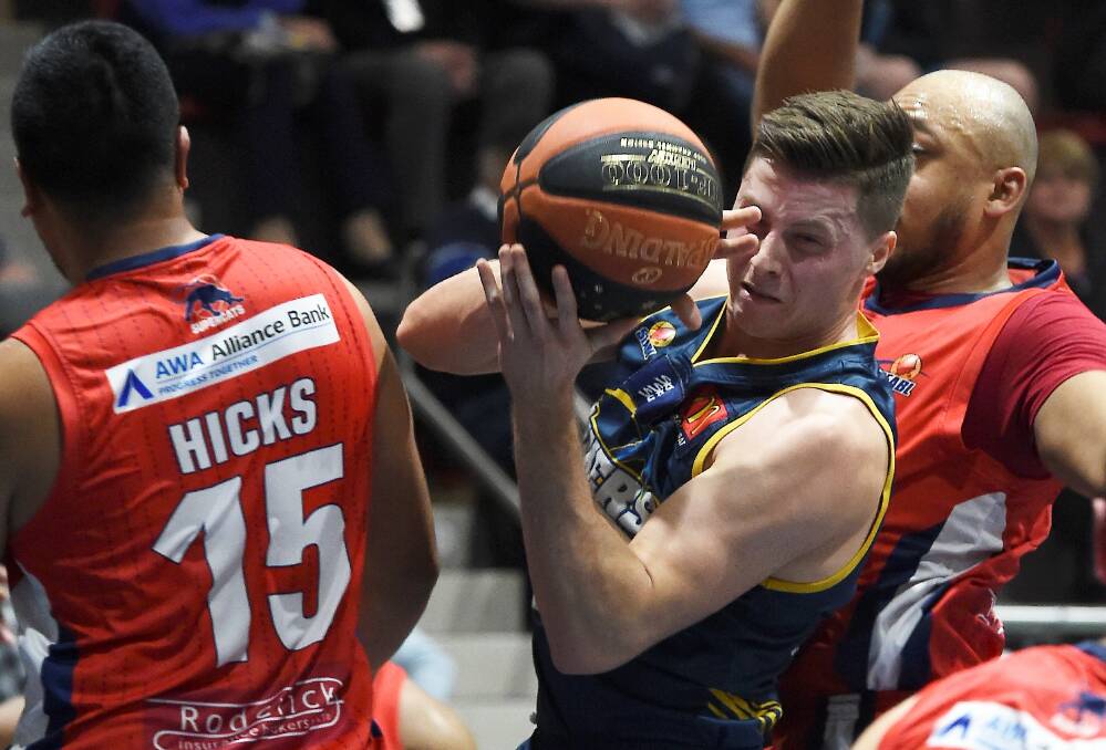 PHYSICAL: Ballarat Miner Nic Pozoglou when the team previously met Geelong Supercats at home in a late April SEABL clash. Picture: Lachlan Bence