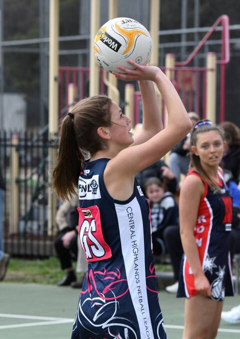 GOING FOR GOAL: Tegan Mitchell (Creswick) takes aim under the goal ring in the under-17 interleague game against tough and competitive opposition. 