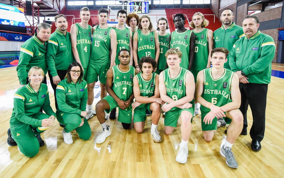 NEW CHALLENGES: Ballarat's Nathan Cooper-Brown with the Australian team in Argentina earlier this month at the FIBA Under-17 World Cup. Picture: fiba.basketball