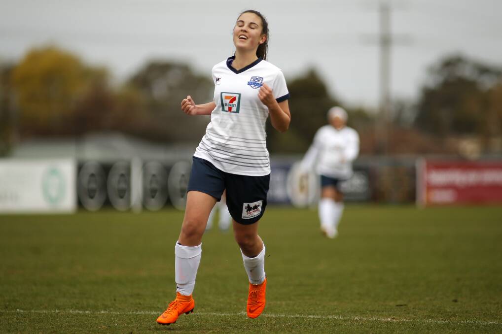 WILL BE MISSED: Ballarat Eureka Strikers captain Natalie Barbara celebrates a goal during a match against the Maribyrnong Swifts Silvers. Picture: Dylan Burns