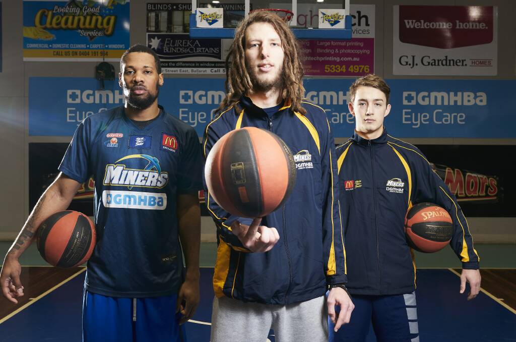 READY: Miners players Marvin King-Davis, Craig Moller and Ross Weightman at the Minerdome. Picture: Luka Kauzlaric