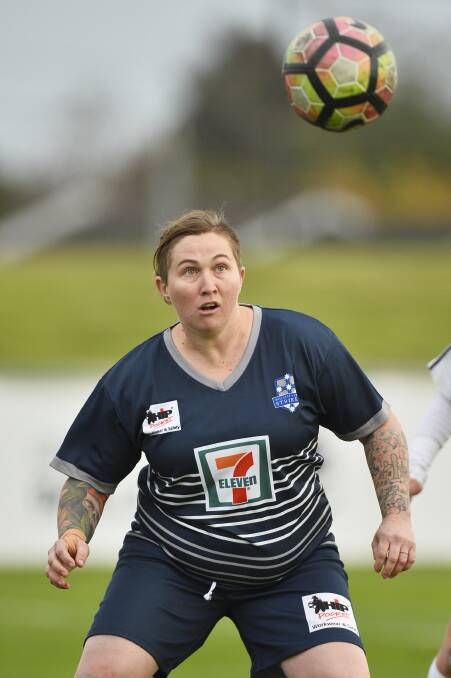 FOCUS: Strikers player Renee Boag goes for the header. Picture: Dylan Burns