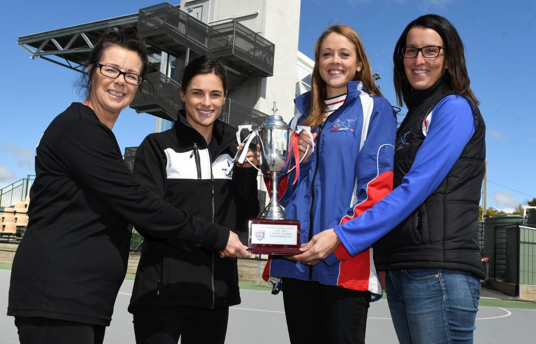 EXCITED: North Ballarat City coach Annie McCartin and captain Stacey McCartin along with East Point captain Bethany Smith and co-coach Jo Bayles. Picture: Lachlan Bence