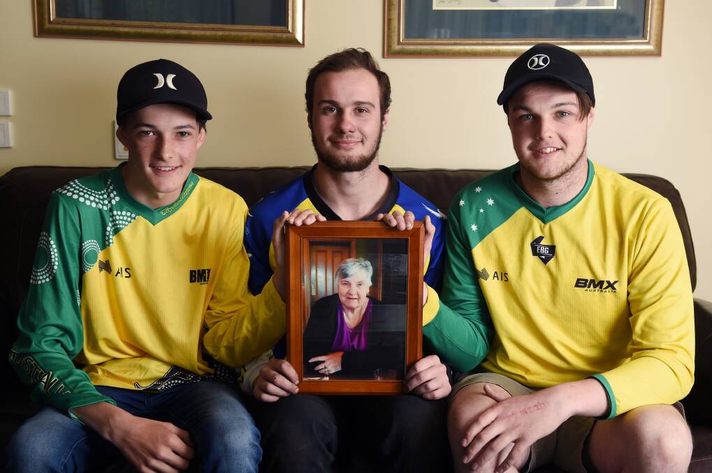 REMEMBERED: BMX riders and grandchildren Jake Gamble, Jaydn Cartledge and Ash Gamble helped present the funds to Gandarra Palliative Care Unit. Picture: Kate Healy 