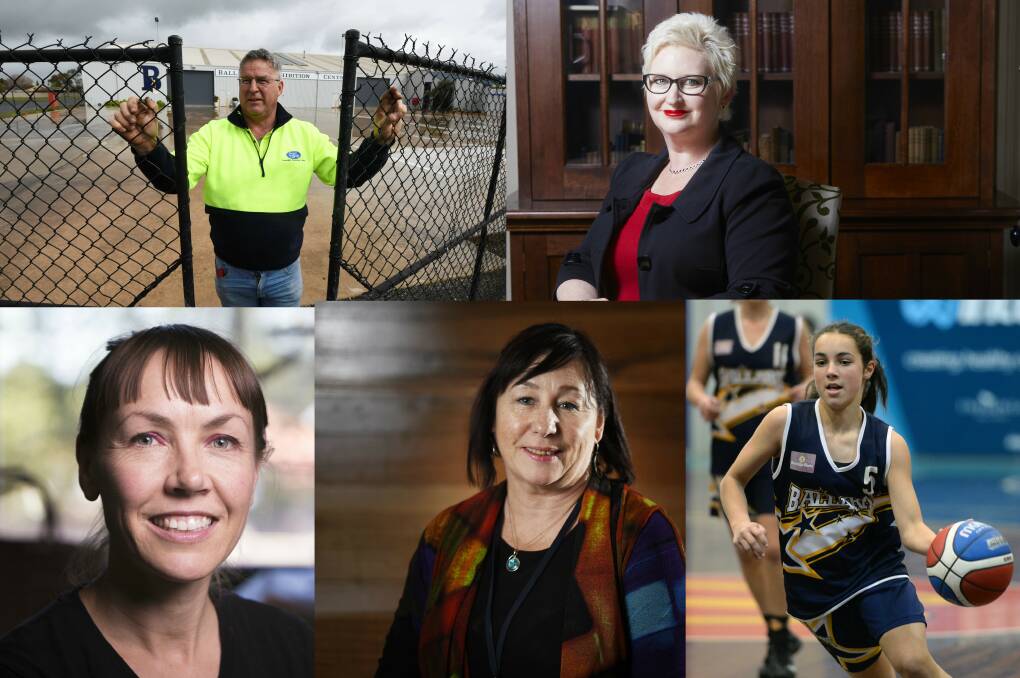 FACES OF BALLARAT: David Sanders, professor Bridget Aitchison, artist Kat Pengelly, Committee for Ballarat’s Robyn Reeves and up-and-coming basketball star Georgia Amoore. 