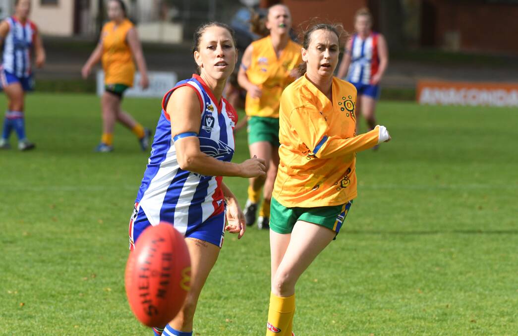 ON THE RUN: Kacie Mitchell from East Point and Robyn Fraser from Lake Wendouree chase after the ball in AFL Goldfields' Women's Competition on Sunday. Picture: Kate Healy. 