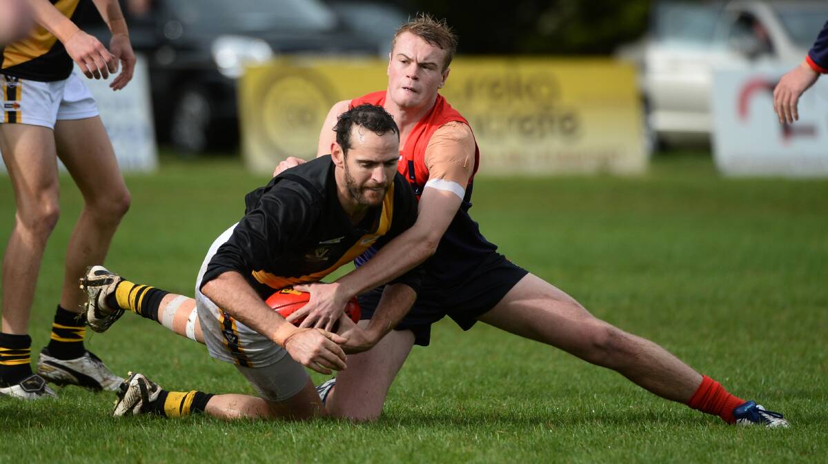 BACK IN: Bungaree defender Tom Wilson (right) is back in the side after missing the win over Dunnstown at the weekend.
PICTURE: ADAM TRAFFOIRD