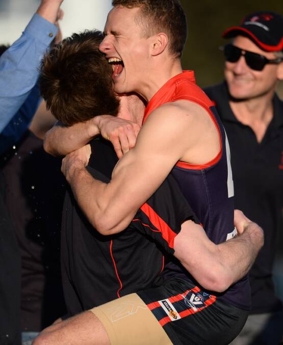 BIG YEAR: Mitch Bruns, pictured celebrating Bungaree’s senior football premiership earlier this month, has won the Demons’ best and fairest award. PICTURE: ADAM TRAFFORD
