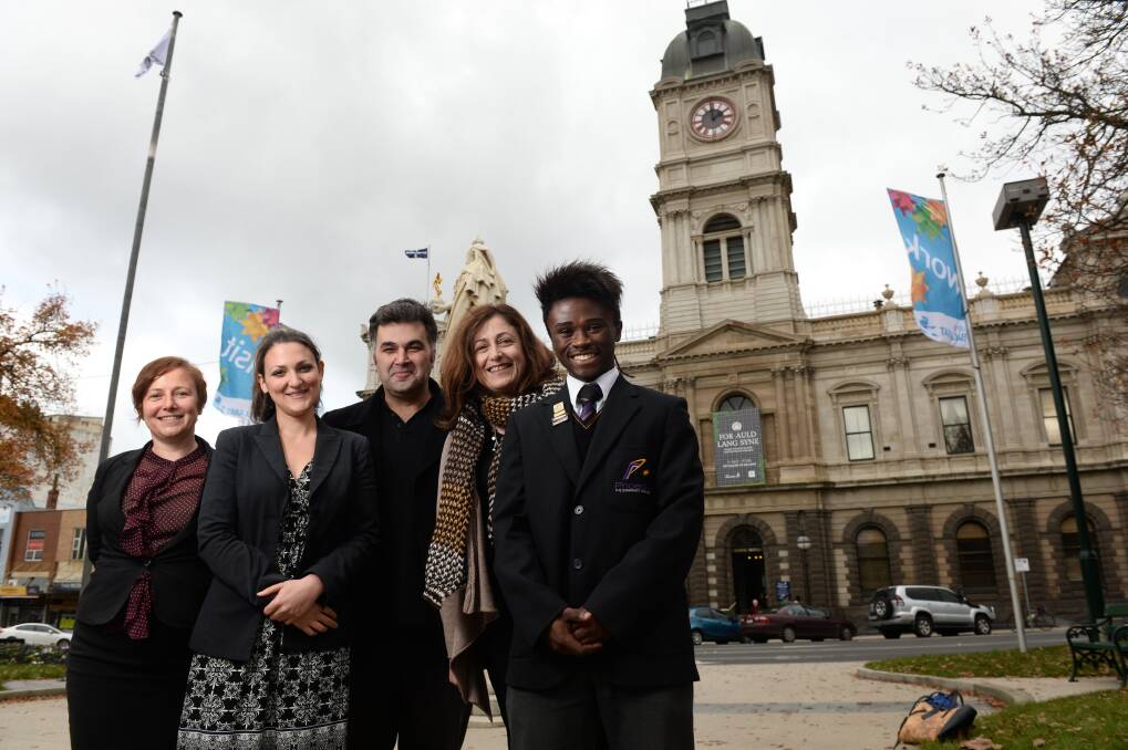 Refugee week: Cr Belinda Coates, Rebecca Eckard from the Refugee Council of Australia, Kon Karapanagiotidis from the Asylum Seekers Resource Centre, Carmel Guerra from Multicultural Youth and Phoenix P-12 College house captain Sadiki Mukasa. PICTURE: ADAM TRAFFORD