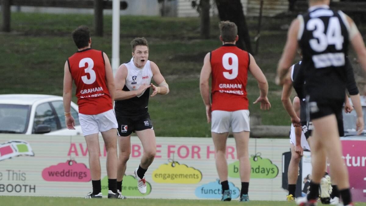 Tense: Jordan Staley celebrates after putting North Ballarat back in front against Frankston with his fourth goal late in the last quarter. PICTURES: KATE HEALY