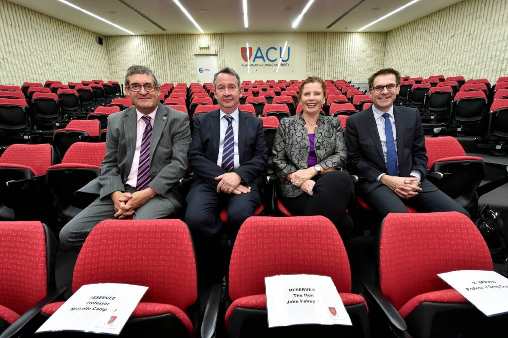 Course opening: ACU associate professor Joe Fleming, vice-chancellor Greg Craven, Health Sciences faculty dean professor Michelle Campbell and St John of God CEO Michael Krieg have added a new course to ACU’s Ballarat campus. PICTURE: JEREMY BANNISTER