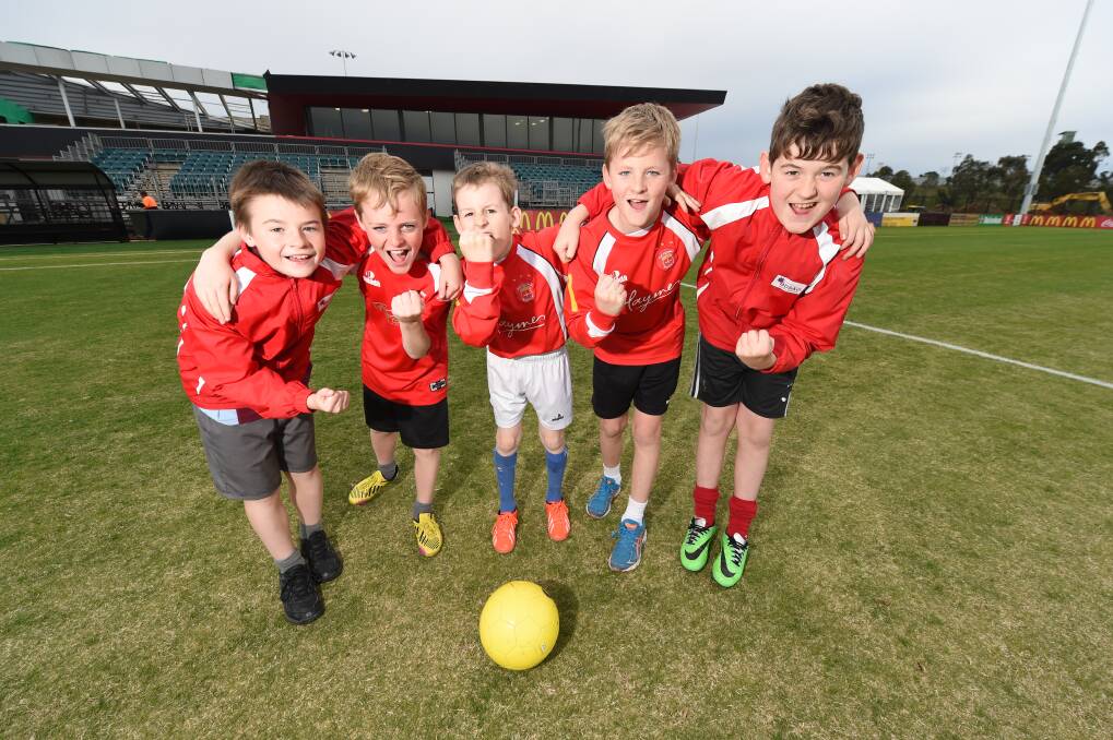 Soccer fans: Bahrain soccer team comes to town. Max Britt,11, Ryan Carton, 10, David Carton, 12, Joshua Burgess, 8, and Bailey Burgess, 11, are excited to see some high profile sports stars in action. PICTURE: Lachlan Bence