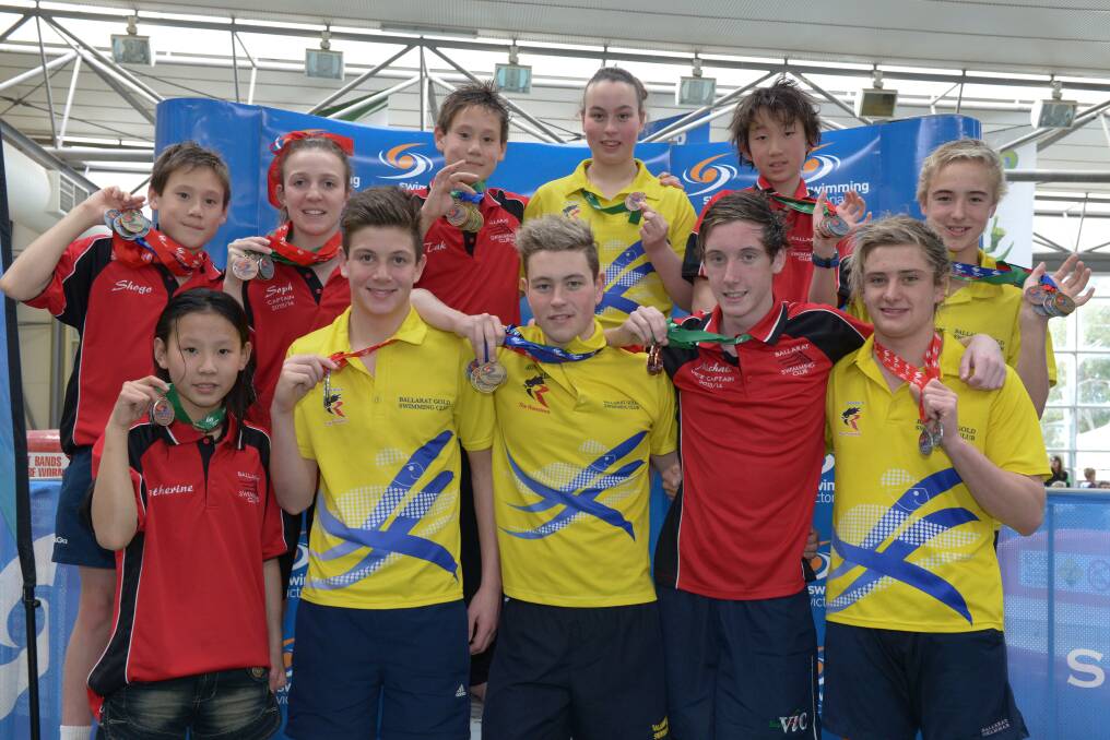 MIDLANDS MEDALLISTS: Ballarat’s Victorian Country Short Course Swimming Championships medallists, back left, Shogo Trevena, Sophie Thomas, Takumi Trevena, Ruby Halliday, Sam Crothers-Bade and Joshua Brien; front Catherine Zhao, Matthew Jenkins, Thomas Halliday, Michael Rodger and Jed Prouse.