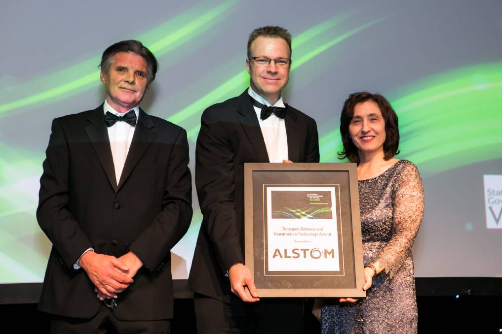 Honour: Alstom customer director Torben Fink-Jensen, centre with ICN Victoria director Don Matthews and Industry Minister Lily D’Ambrosio at the Victorian Manufacturing Hall of Fame Awards.