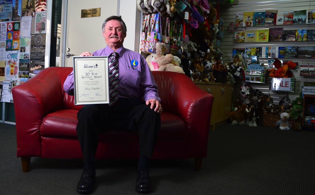 Recognition: Volunteer Brian Griffiths was officially recognised on Wednesday for his 20 years of service at Ballarat Regional Tourism. He had volunteered more than 8000 hours of his time. PICTURE: DYLAN BURNS