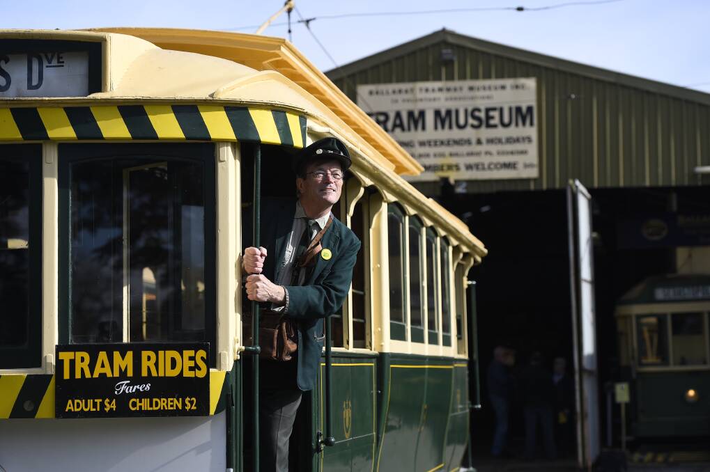 Fun ride: Tram enthusiast Len Miller climbs aboard one of Ballarat’s trams. PICTURE: JUSTIN WHITELOCK