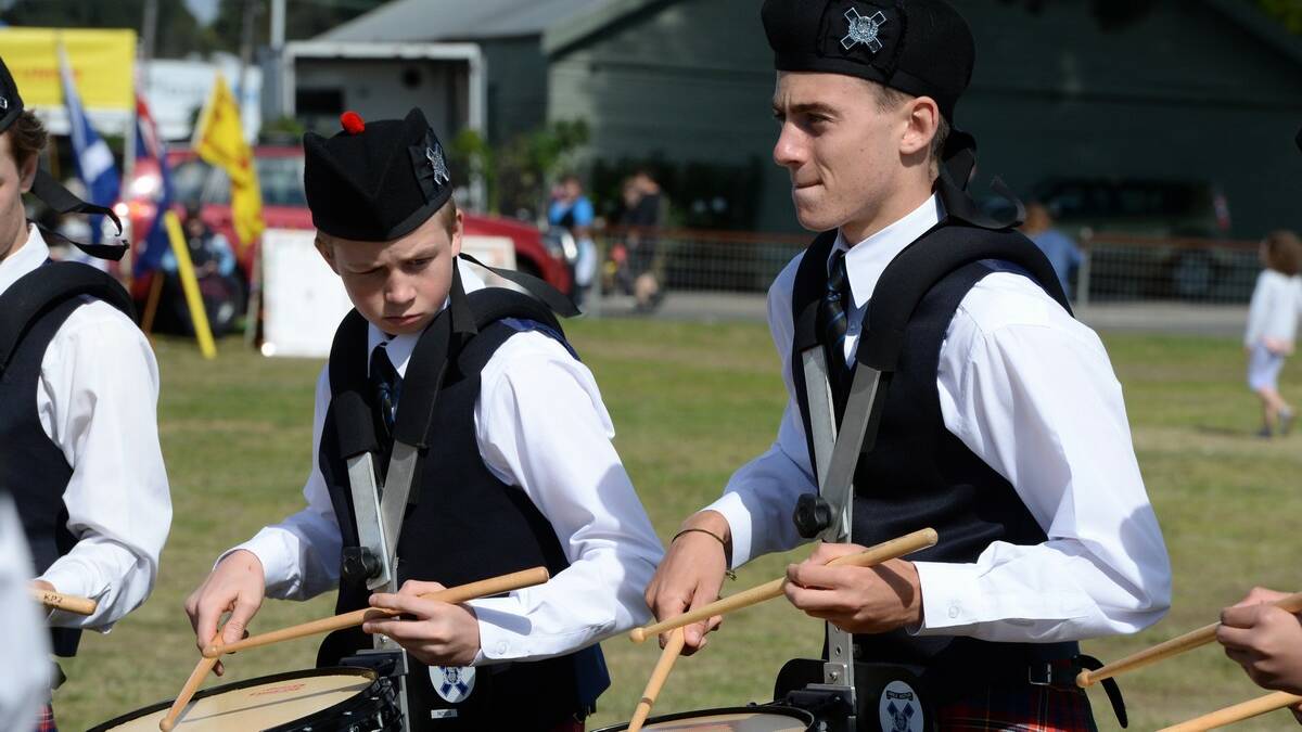 Fraser Ross and Alex Messara (Knox Grammar Pipes and Drums) - Australian Pipe Band Championships at Eureka Stadium. Picture Kate Healy 