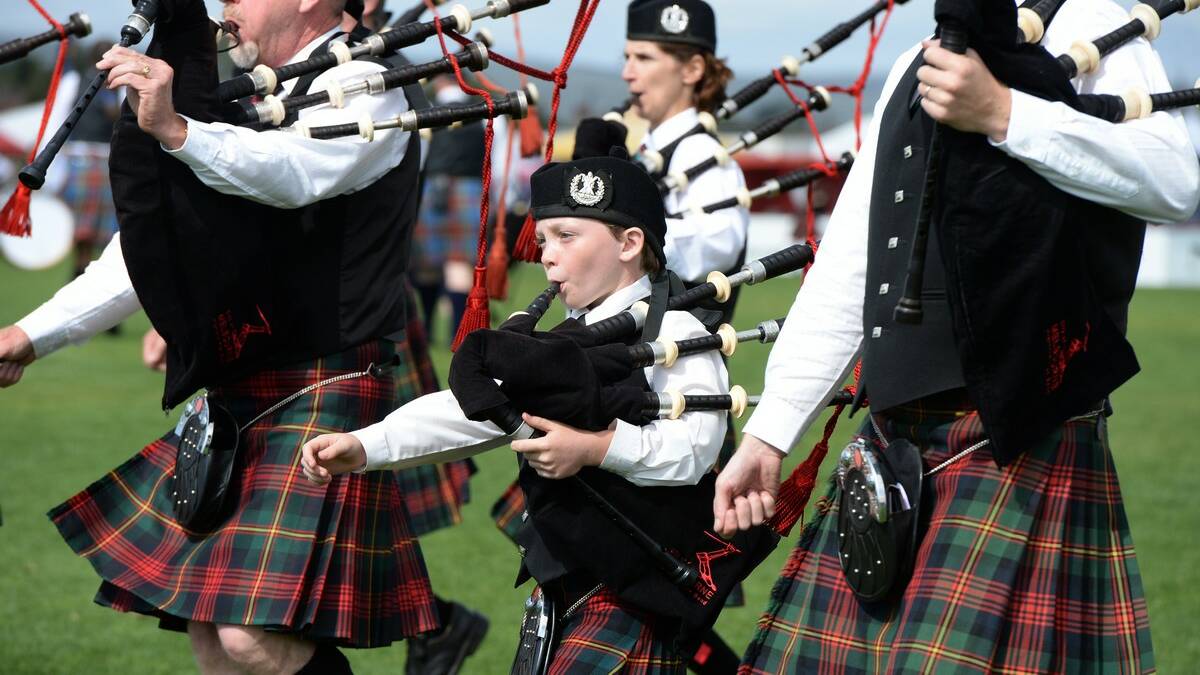 Daniel Whelan in the City of Melbourne Highland Pipe Band - Australian Pipe Band Championships at Eureka Stadium. Picture Kate Healy 