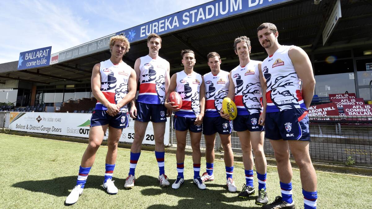 Western Bulldogs players in their new Eureka Flag-inspire guernseys. From left to right, Mitch Wallis, Jordan Roughead, Luke Dahlhaus, Clay Smith, Bob Murphy and Tom Liberatore.