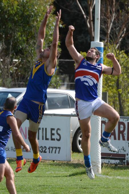 CHFL- Learmonth v Daylesford. Ryan Barnes (Learmonth) and James Evans (Daylesford). Photo: Kate Healy
