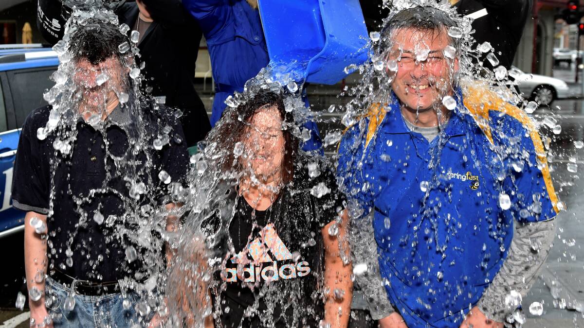 Andrew Eales, Angela Trainor and Bruce Roberts take part in the ice bucket challenge. PIC: Jeremy Bannister 