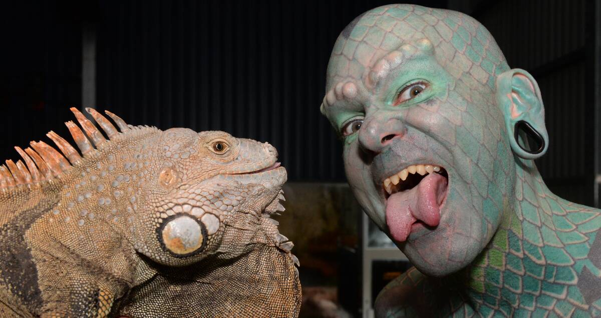 The Lizardman and Pedro the iguana (on the left) at the Ballarat Wildlife Park. PICTURE: KATE HEALY