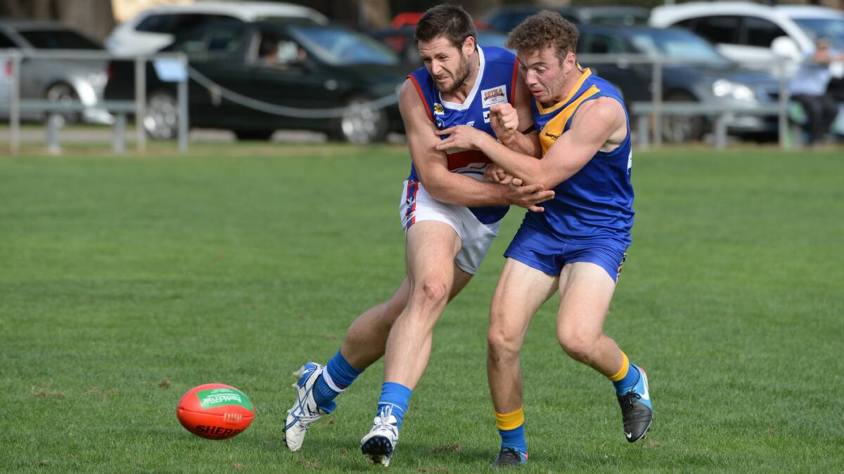 CHFL - Learmonth v Daylesford: James Evans (Daylesford) and Glen Coleman (Learmonth). Photo: Kate Healy      