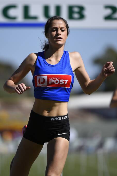 Grace O'Dwyer wins her heat of the Stawell Women's Gift at Central Park on Saturday. Photo: Justin Whitelock 