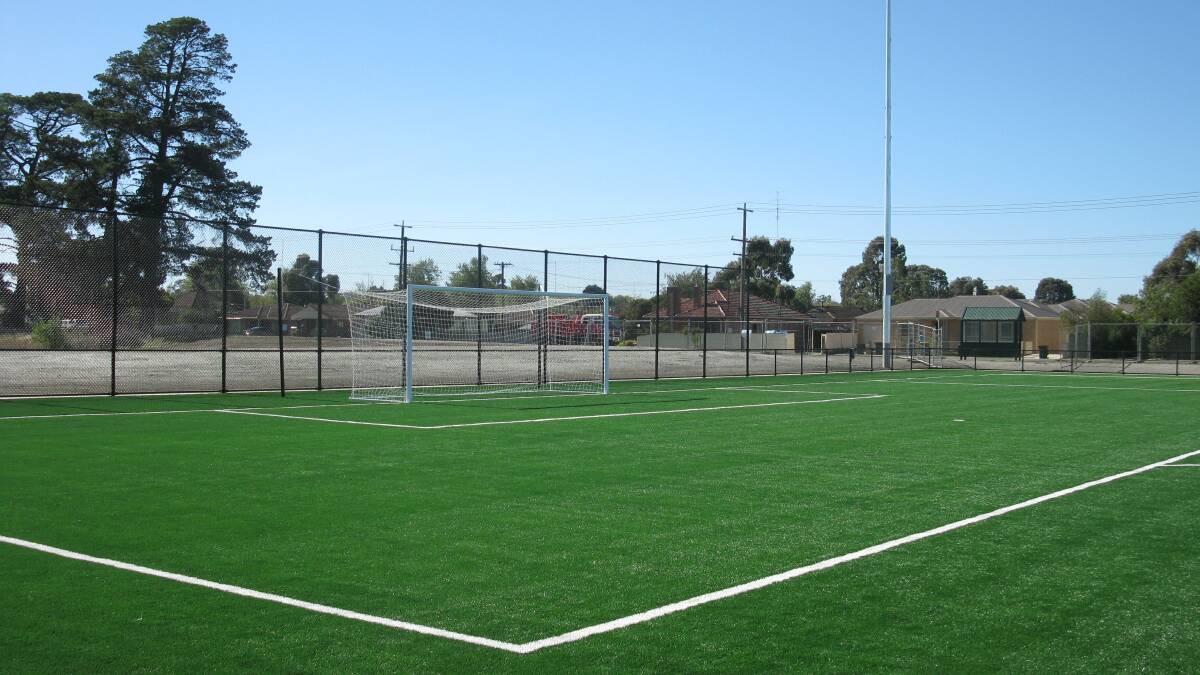 The northern goal of the new second synthetic pitch, which fronts Pleasant St at the Ballarat Regional Football Facility.
