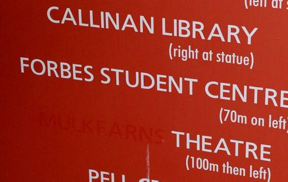A sign at ACU's Ballarat campus with Mulkearns' name removed. PICTURE: KATE HEALY