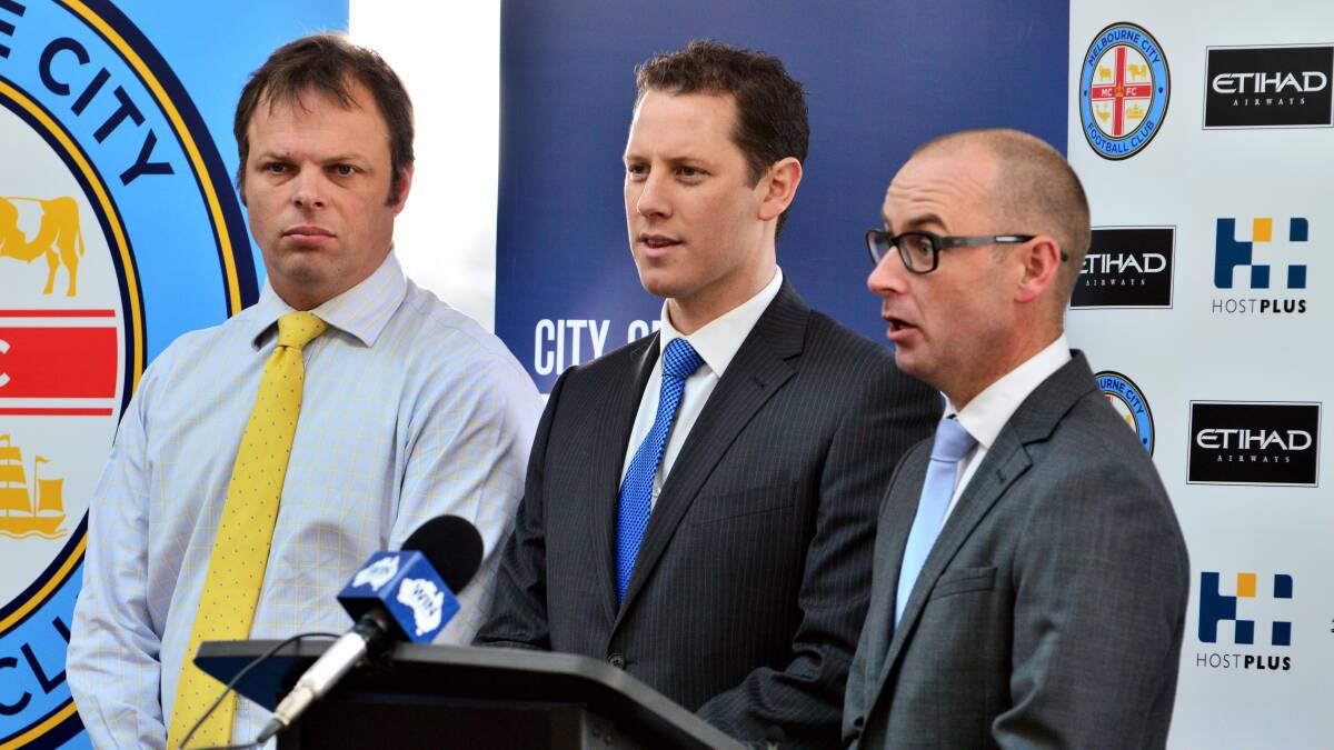 David O'Brien (Western Victoria MP), Josh Marris (Mayor), Scott Munn (CEO Melbourne City Football Club) announcing the game to be held in Ballarat. PICTURE: Dylan Burns