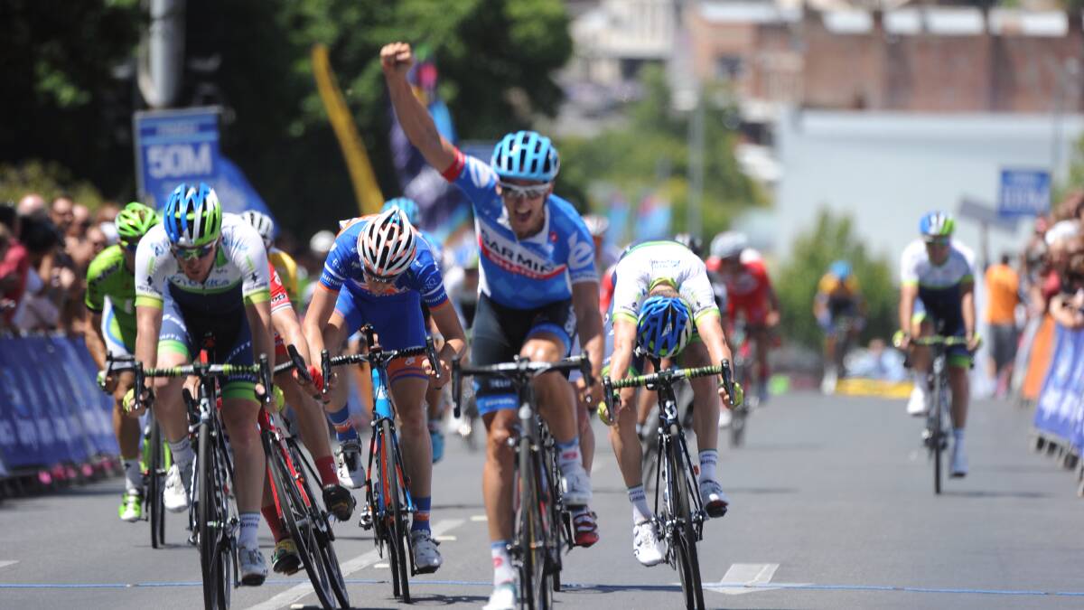 Nathan Haas celebrates crossing the line in Stage One of the Herald Sun Tour in Ballarat. PIC: Justing Whitelock
