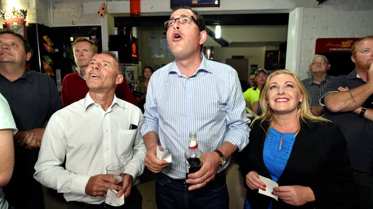 Opposition Leader Daniel Andrews watches the running of the 2014 Melbourne Cup at JD's Sports Bar. PICTURE: JEREMY BANNISTER