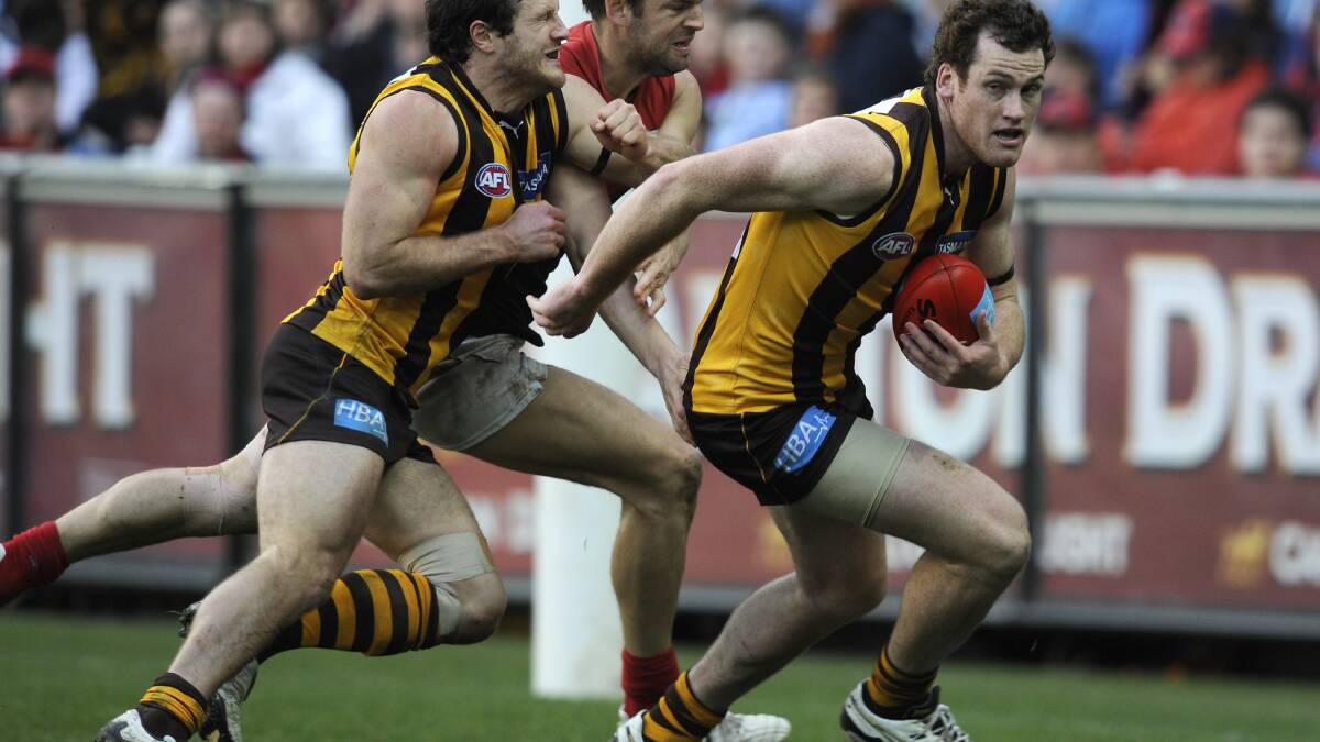 Campbell Brown providing his trademark toughness in support of teammate Jarryd Roughead. 