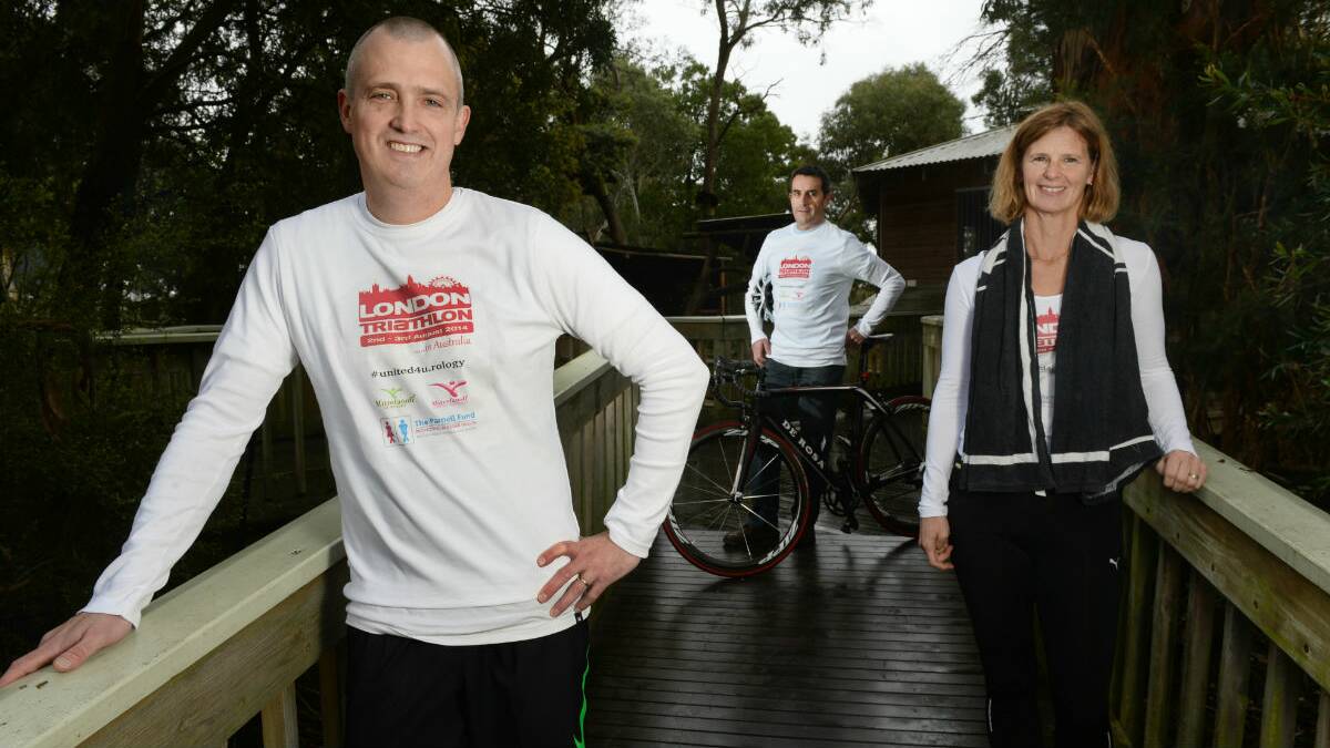 Greg Solomon, Brad Fry and Geert Virj will participate in the London Triathlon from Ballarat. PICTURE: ADAM TRAFFORD