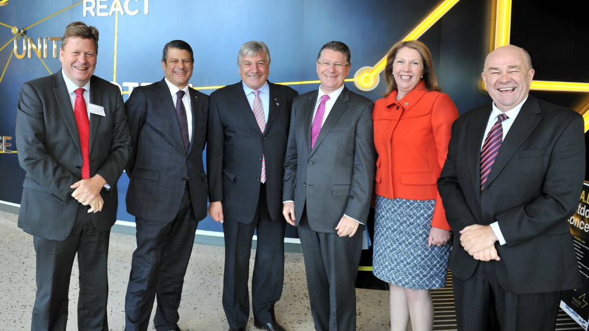 Michael Ronaldson, Steve Bracks, Rod Knowles, Denis Napthine, Catherine King and David Battersby at the launch of M.A.D.E in May 2013. PICTURE: LACHLAN BENCE