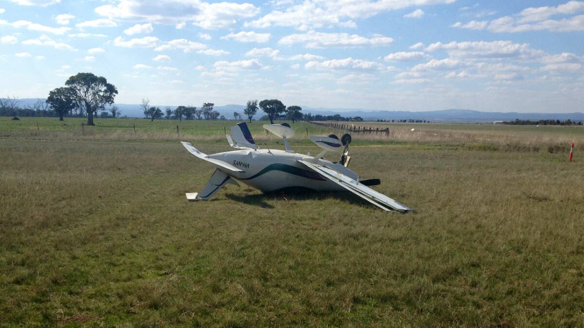 The home-built plane which flipped during landing at Bacchus Marsh. PICTURE: DALE SALATHIEL