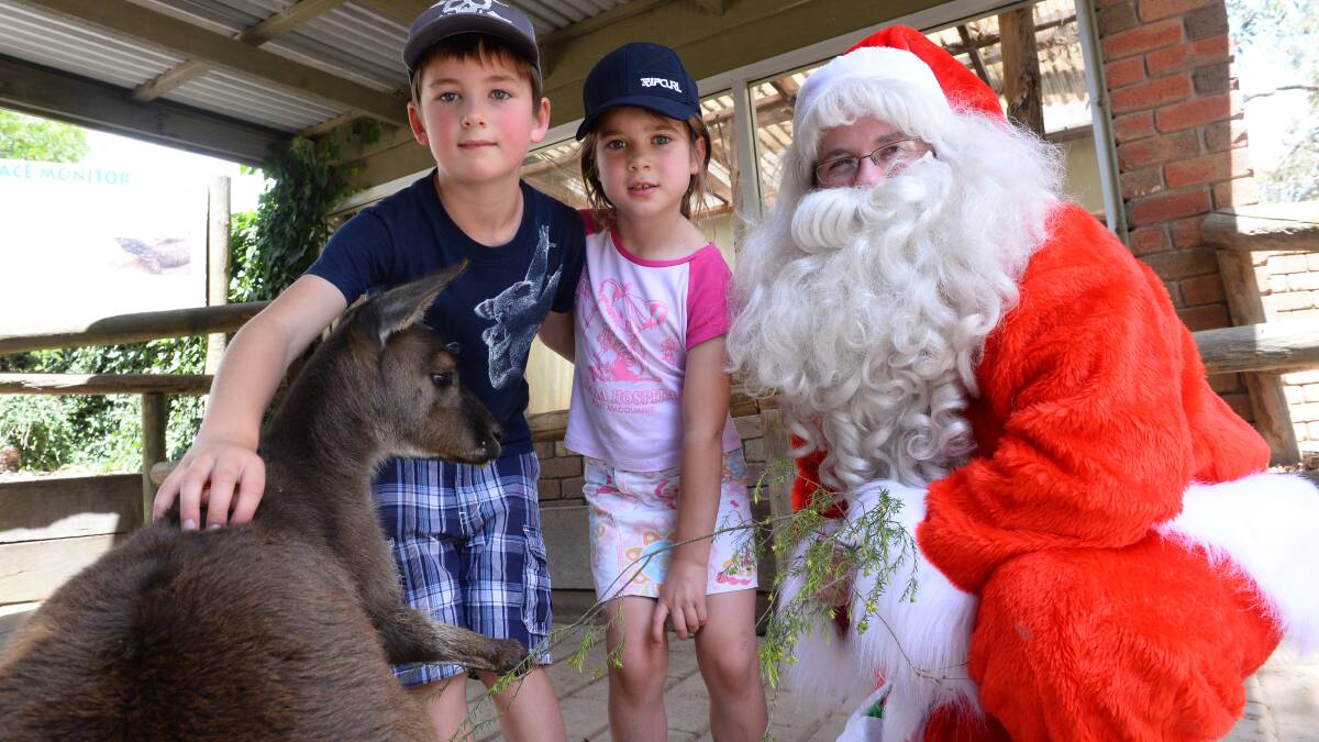 Sants visits the Ballarat Wildlife Park as Finn, 7, and Sinead, 5, Houlihan get up close with a kangaroo. Picture: ADAM TRAFFORD