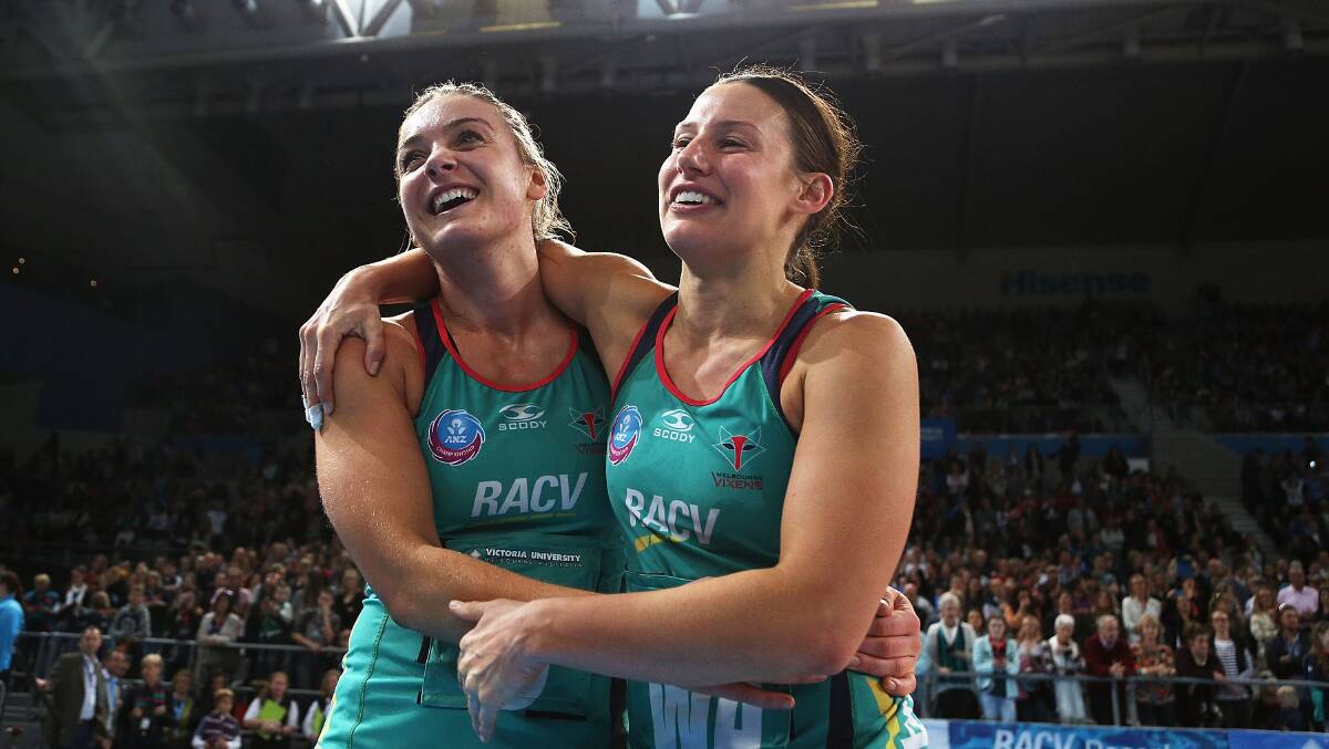 Melbourne Vixens’ Madi Robinson, right, pictured with teammate Liz Watson, will visit Ballarat next month as part of a V/Line program. PICTURE: GETTY IMAGES