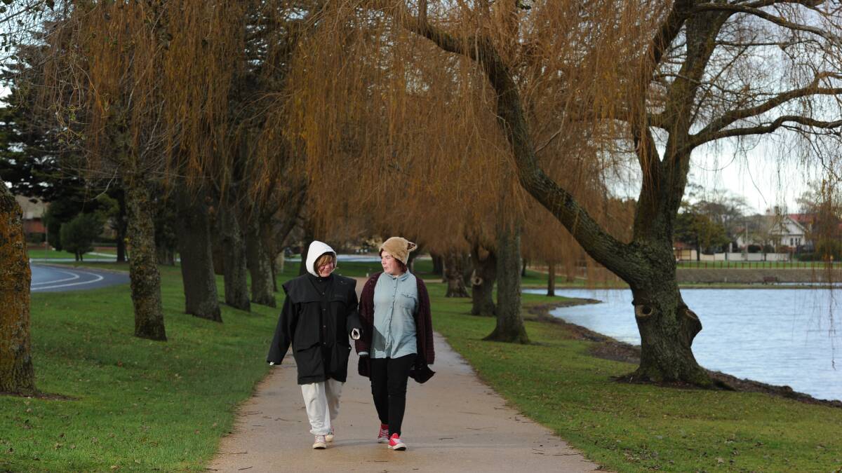 Maddy Martin and Chelsea Stater rug up to combat the cold in a stroll around Lake Wendouree on Monday.