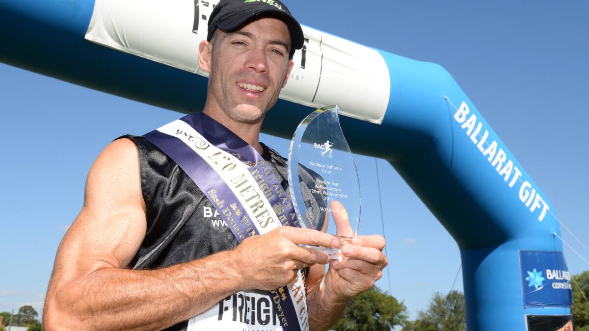 Ballarat Gift 120-metre final winner Craig Mair enjoys his victory. PICTURE: KATE HEALY