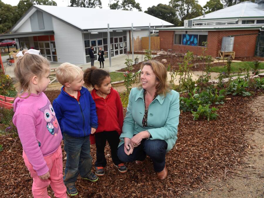 VIsit: Ava, Felix, Tiana and Federal Member for Ballarat Catherine King at Buninyong Preschool. PICTURE: LACHLAN BENCE