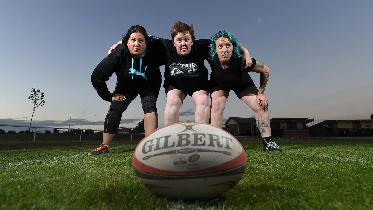 Eve Beale, Caz Osborne and Jen Campbell are part of Ballarat’s first women’s rugby team. PICTURE: JUSTIN WHITELOCK