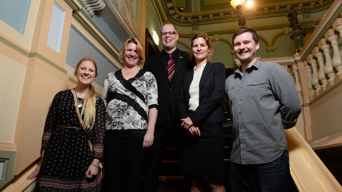 At the 2014 United Way Ballarat Advocacy Program graduation and launch of Ballarat Reads Program for next year are, from left, graduate Alicia Thomas from The Courier, Jan McIver and Geoff Sharp from United Way Ballarat, and graduates Euphemie Barr from Harwood Andrews and Trent Saitta from Karden Disability Support Foundation.
