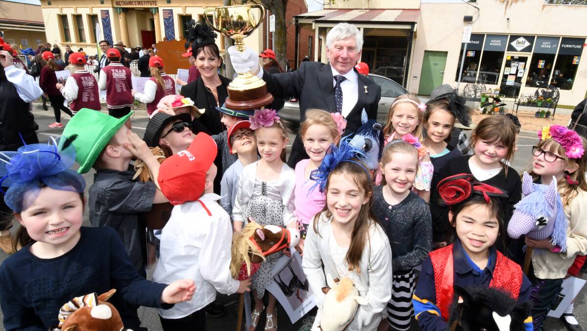 THE CUP: The Melbourne Cup tour in Ballan with special guest Tony Bourke and Gordon's St Patricks Primary School Gordon. Picture: Lachlan Bence.