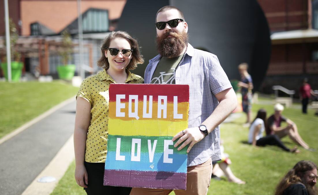 Polly Chalke and Alex Clements-Tyler at the 2017 Ballarat Gay Pride Rally. Picture: Luka Kauzlaric.