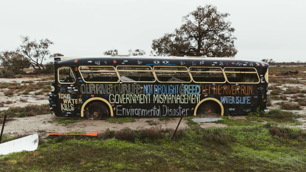  A bus in Menindee wears community anger. Picture: Dion Georgopoulos